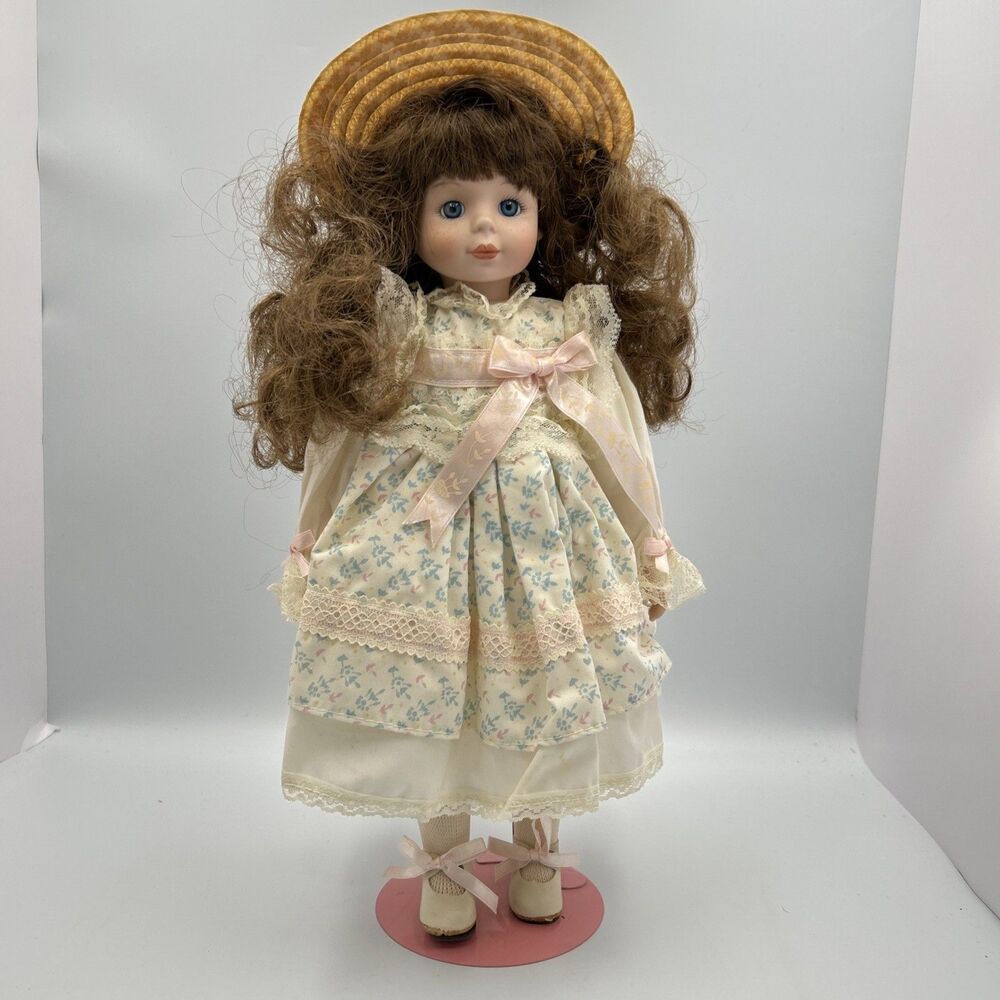 Princess House Jessica Porcelain Collector Doll Brunette Blue Eyes Straw Hat-BOX